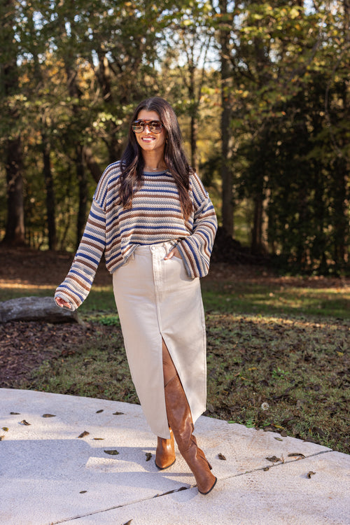 blue brown striped crochet knit sweater