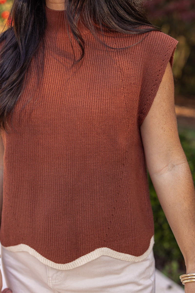 rust brown scalloped hem sweater