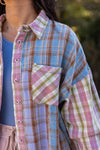 pink blue green plaid flannel top