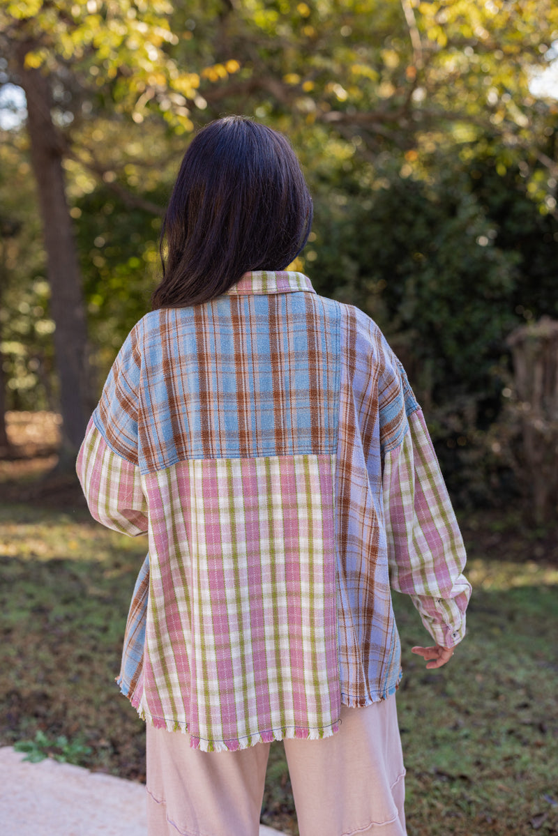 pink blue green plaid flannel top