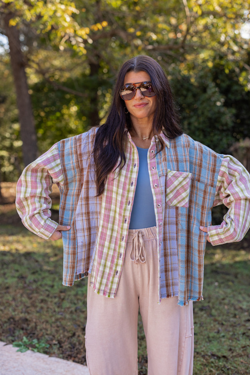 pink blue green plaid flannel top