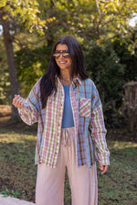 pink blue green plaid flannel top