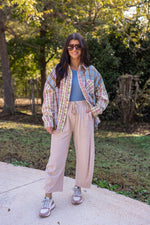 pink blue green plaid flannel top