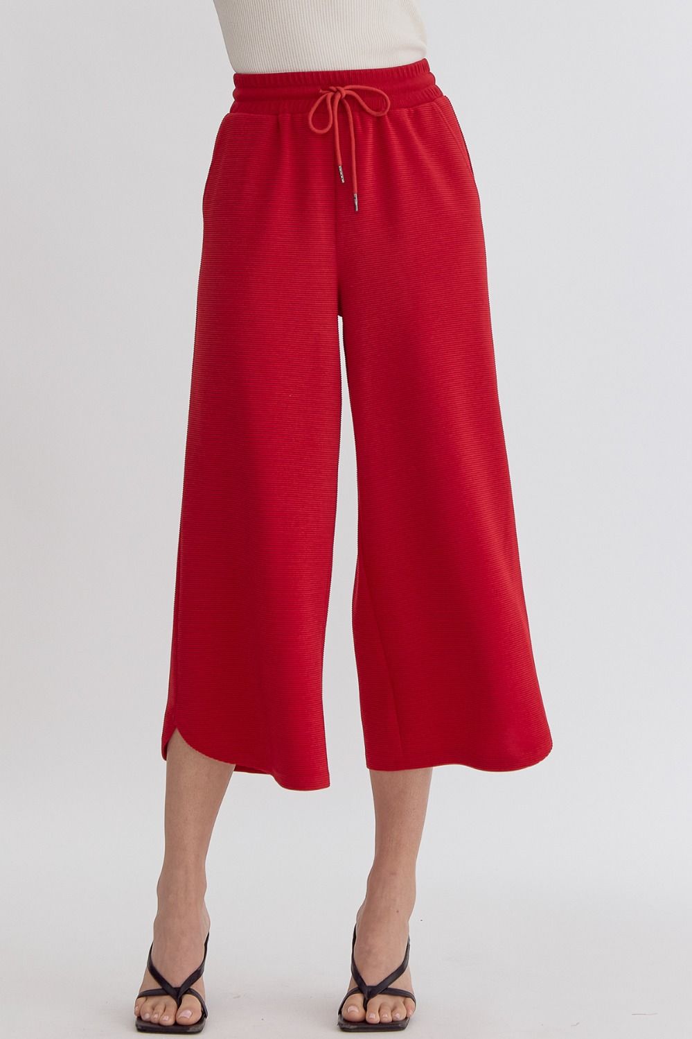 Entro Dark red ribbed knit wide leg cropped pants
