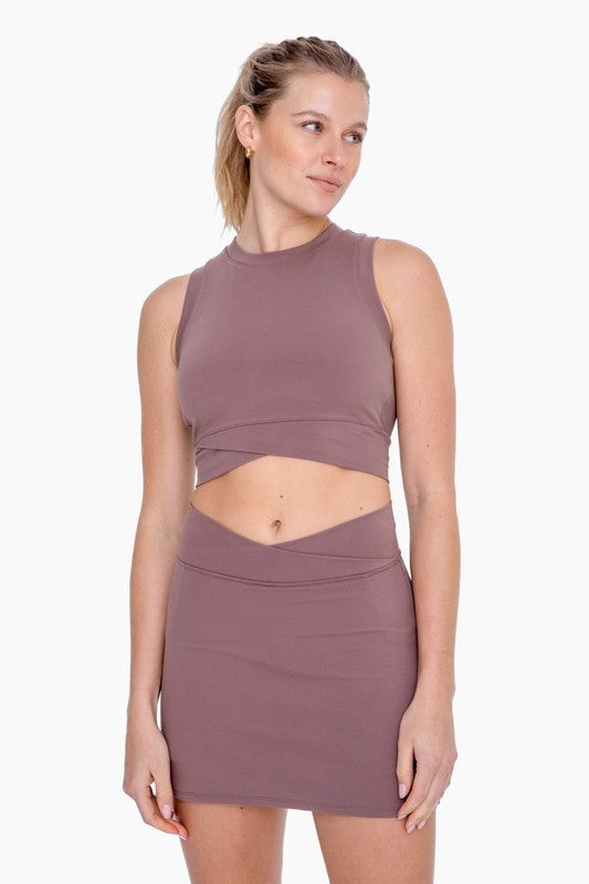 Mono B Venice sleeveless cropped crossover active top in deep taupe