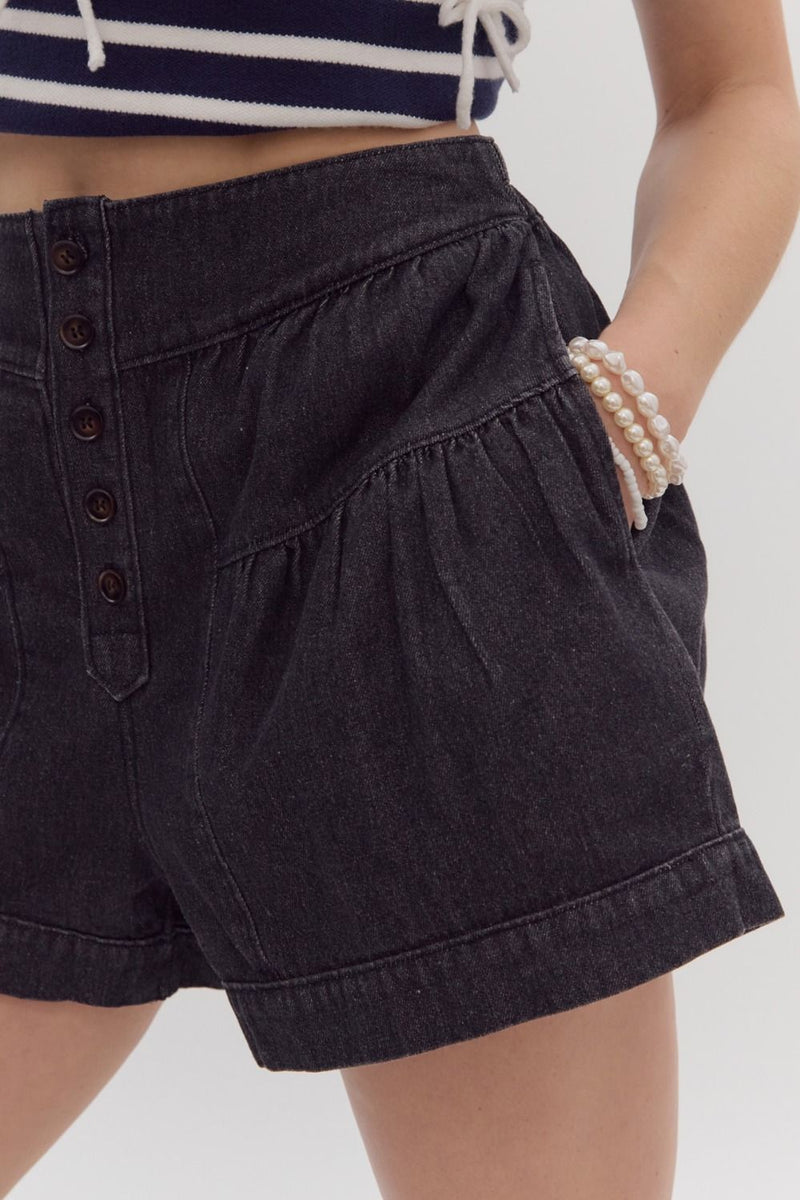 entro flared style high waist balloon denim shorts
