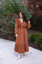 entro brown ruffle vneck midi dress