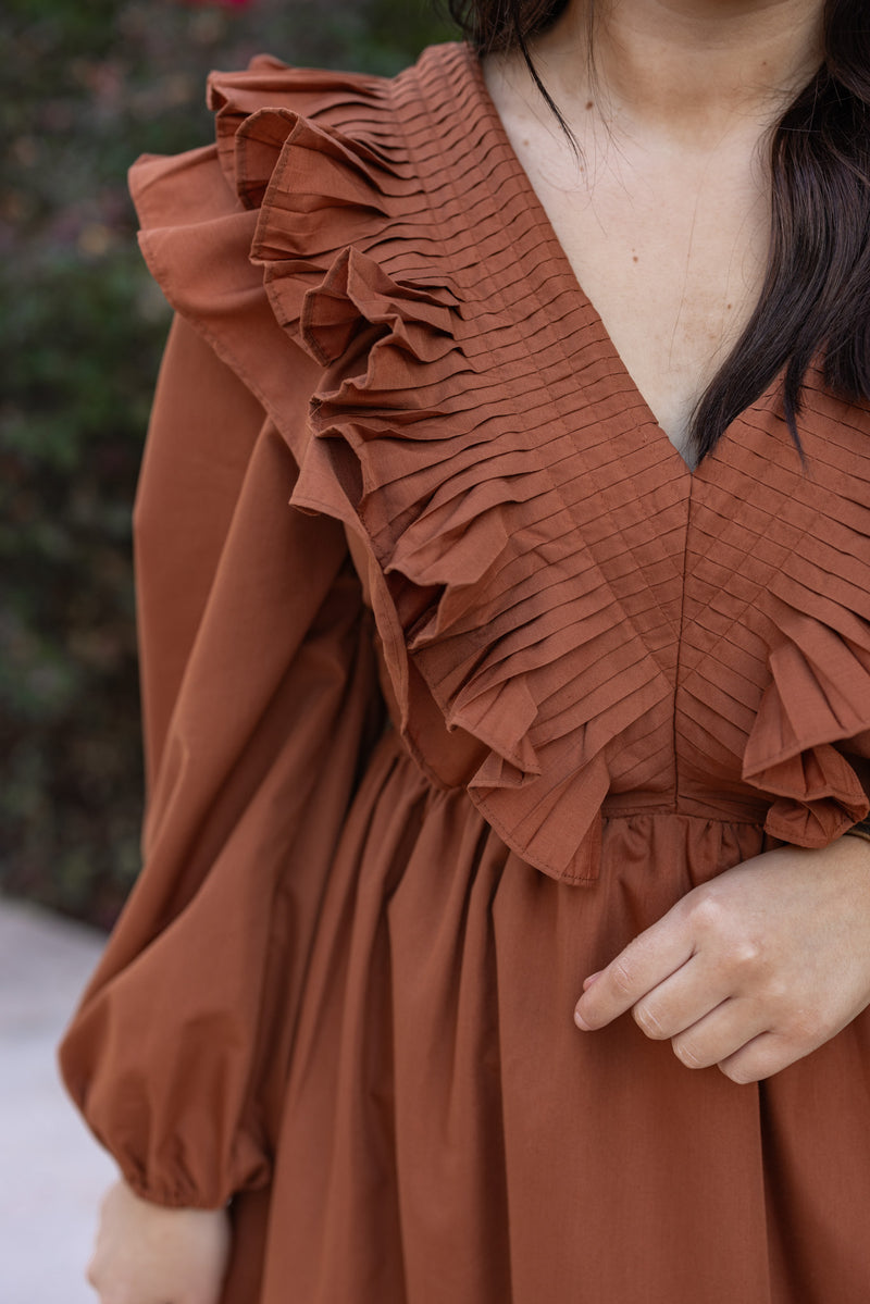 entro brown ruffle vneck midi dress