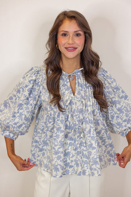 cotton blue floral dressy top