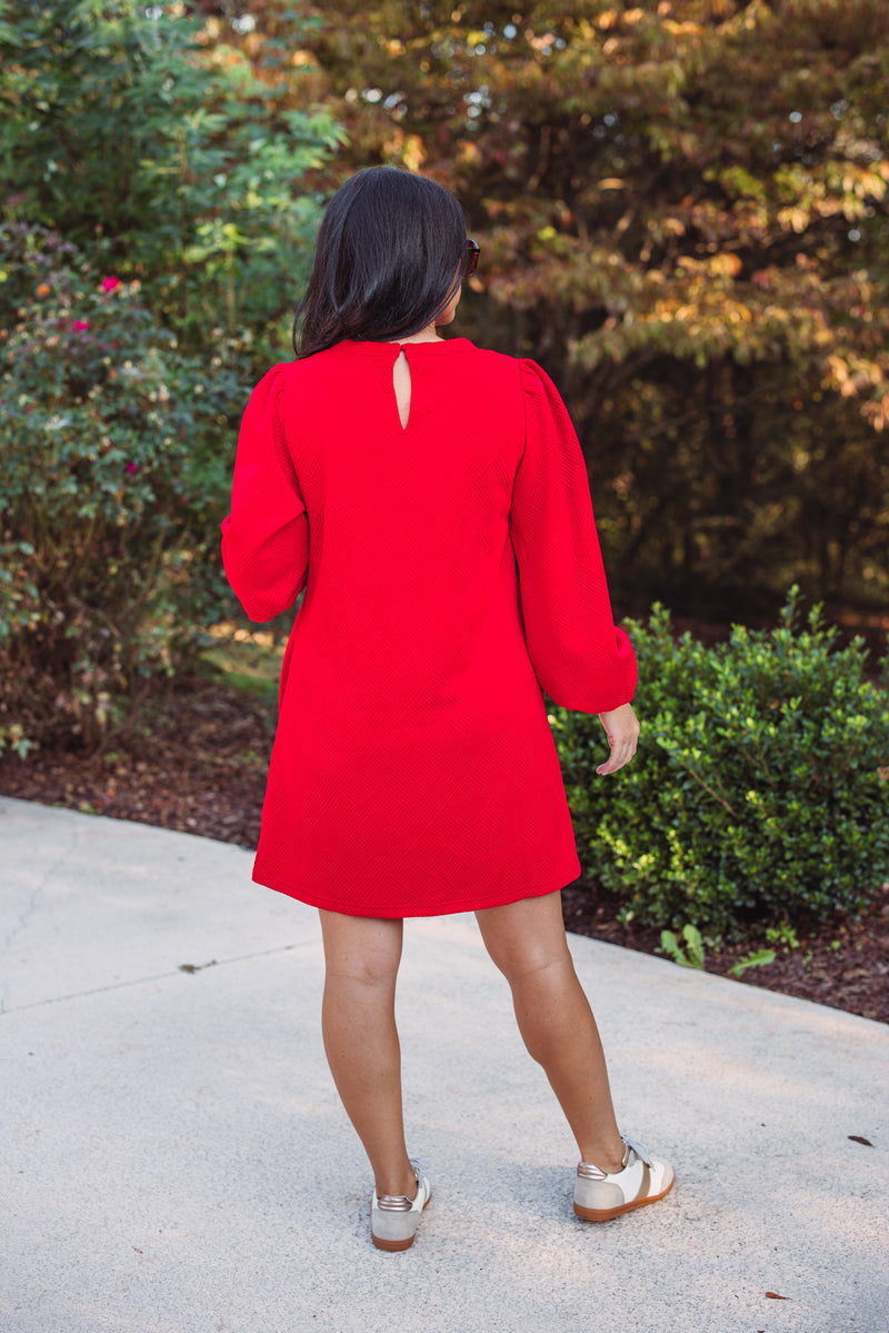 red long sleeve cotton shift dress