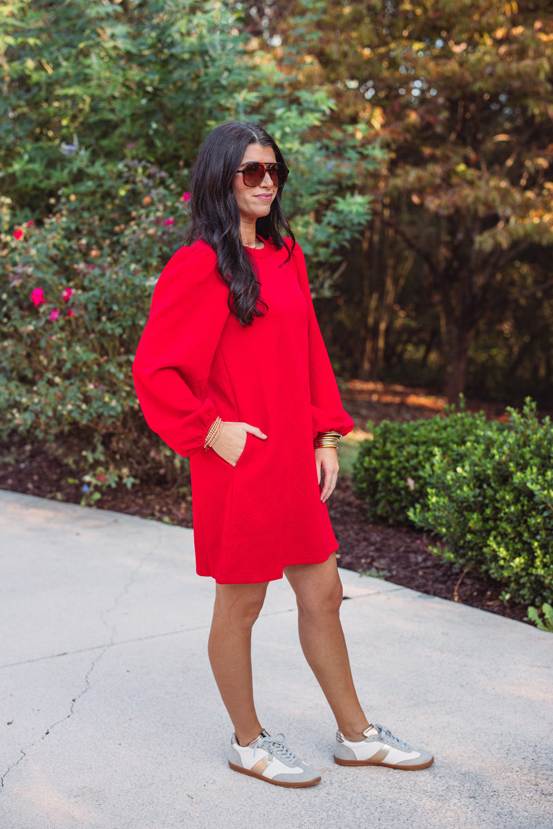 red long sleeve cotton shift dress