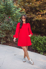 red long sleeve cotton shift dress