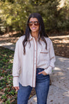 ivory brown trim dressy button down top