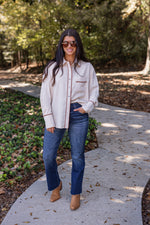 ivory brown trim dressy button down top