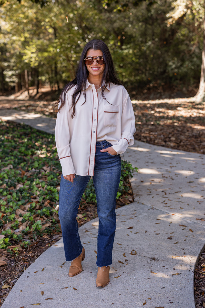 ivory brown trim dressy button down top