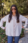 ivory brown trim dressy button down top