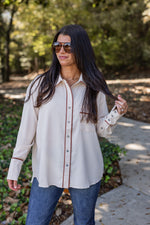 ivory brown trim dressy button down top