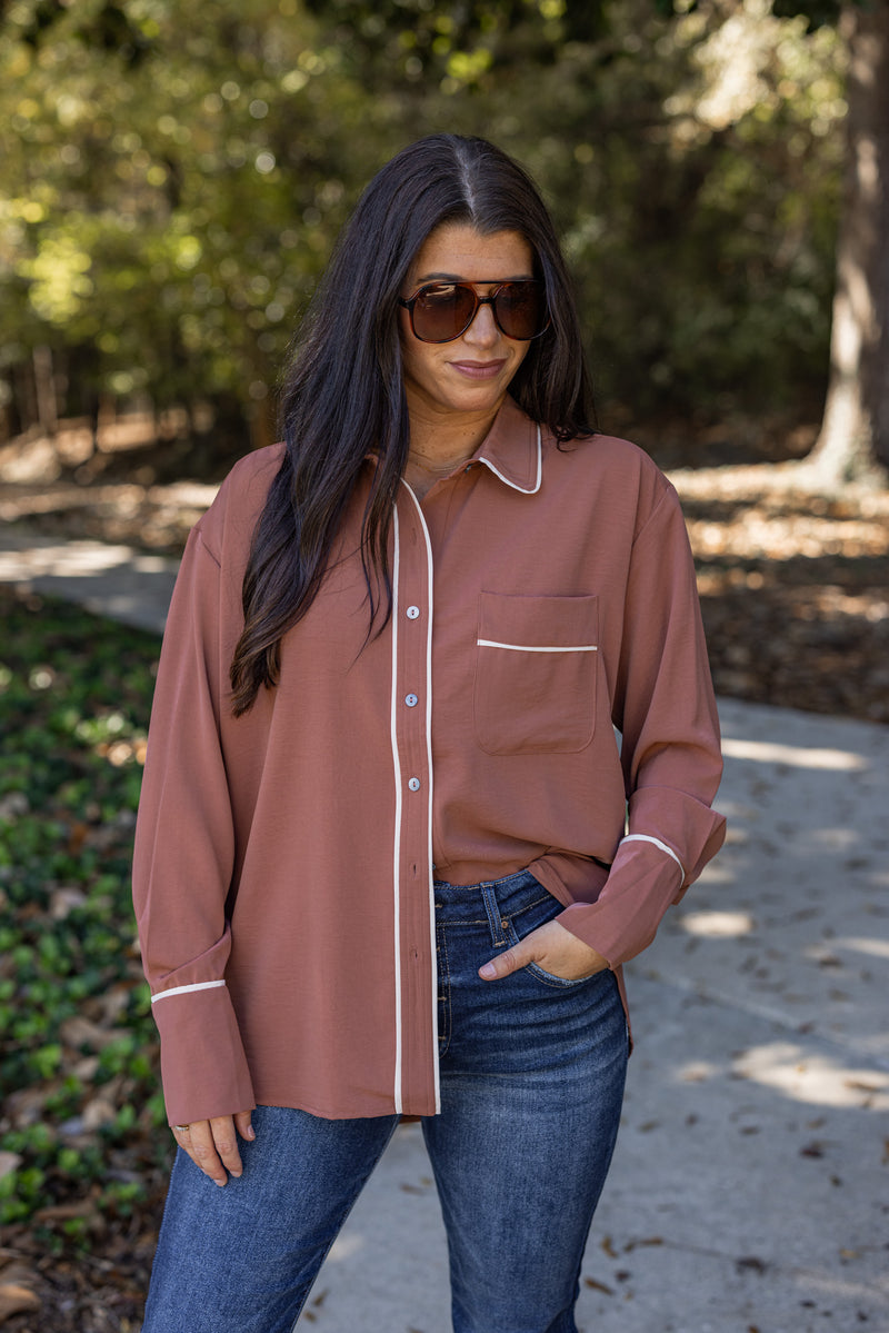 cinnamon brown white trim button down top