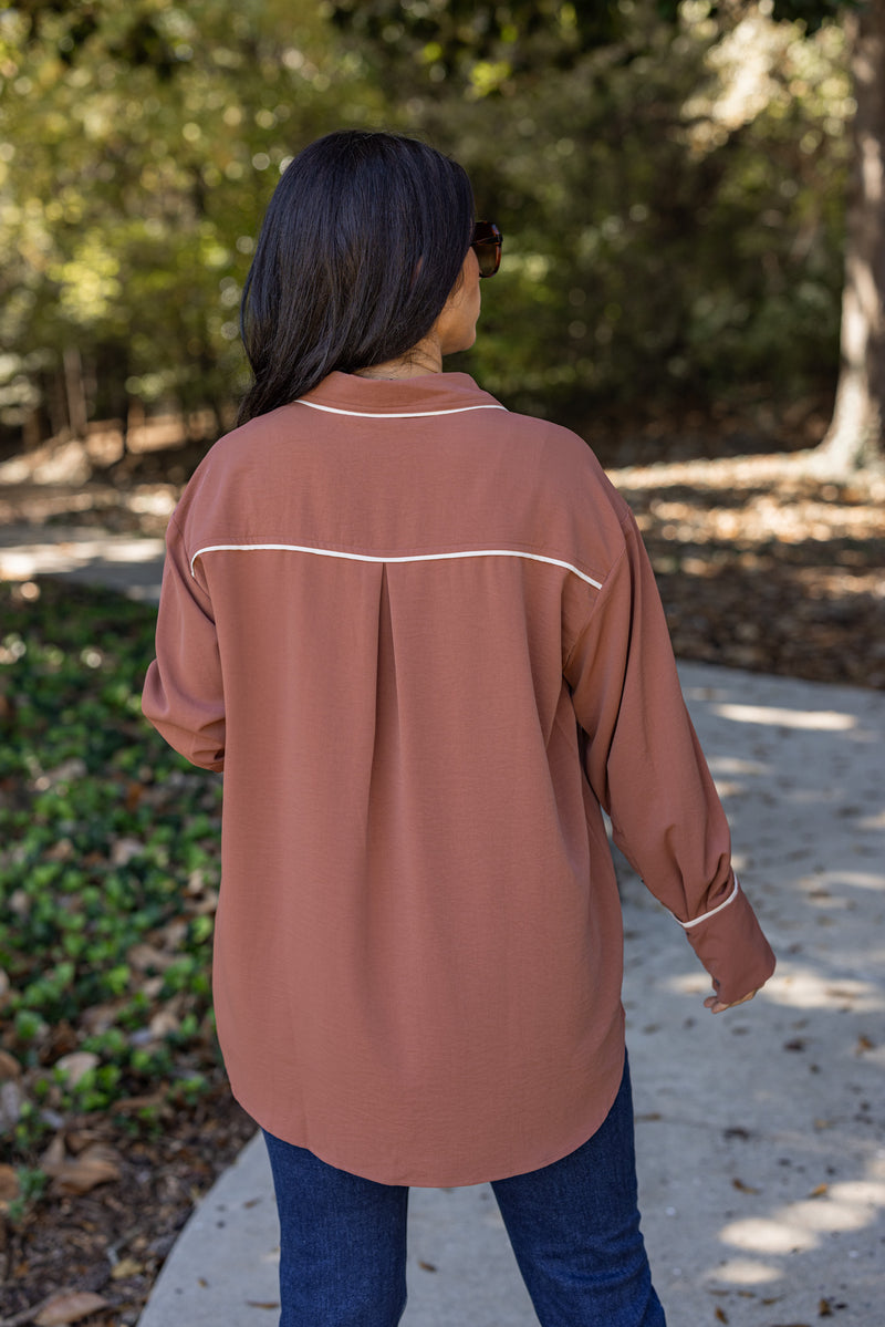 cinnamon brown white trim button down top