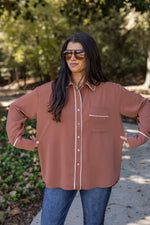 cinnamon brown white trim button down top