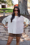 ivory brown striped drop shoulder basic top