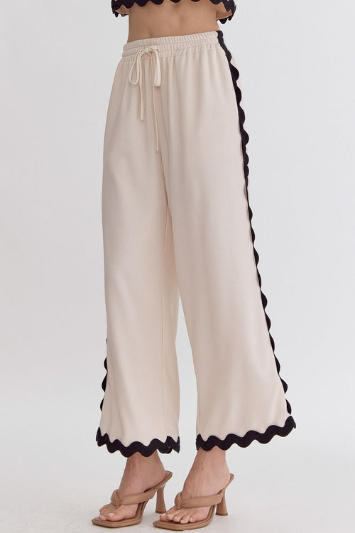 Entro Ecru ribbed knit wide leg pants with black scalloped piping ric rac trim