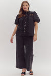 Entro Plus Black pearl button down top with embroidered lace details