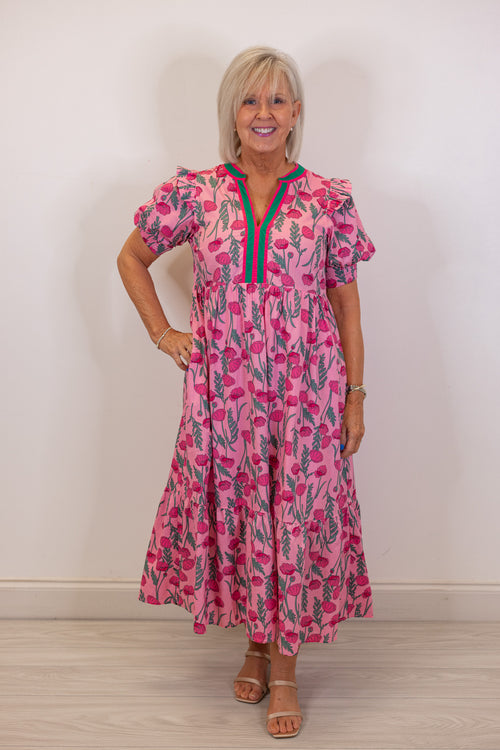 entro pink green floral midi dress