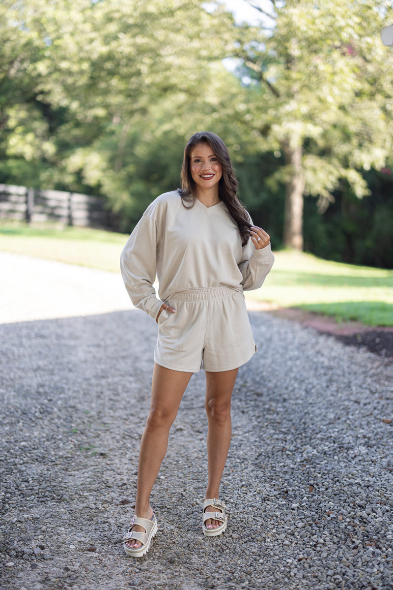 taupe cotton lounge shorts set