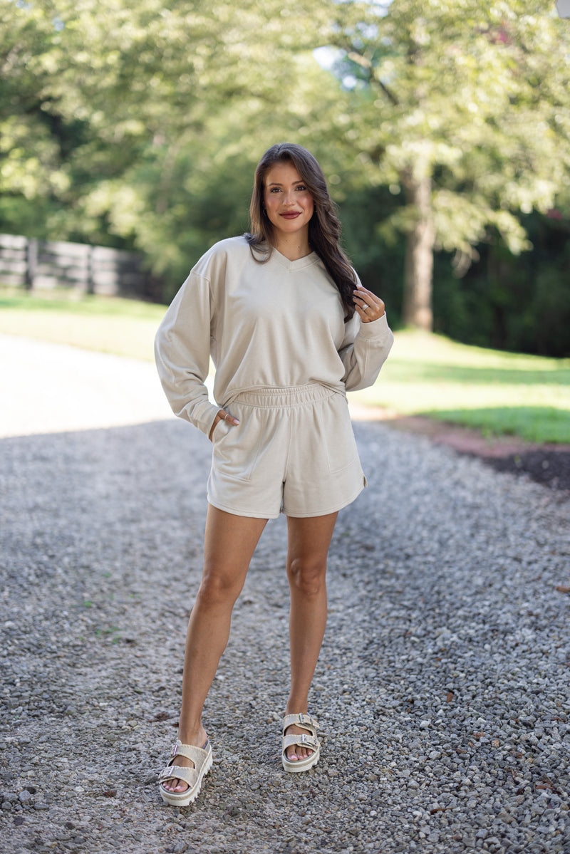 taupe lightweight lounge pullover top