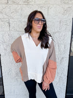 taupe rust color block pullover