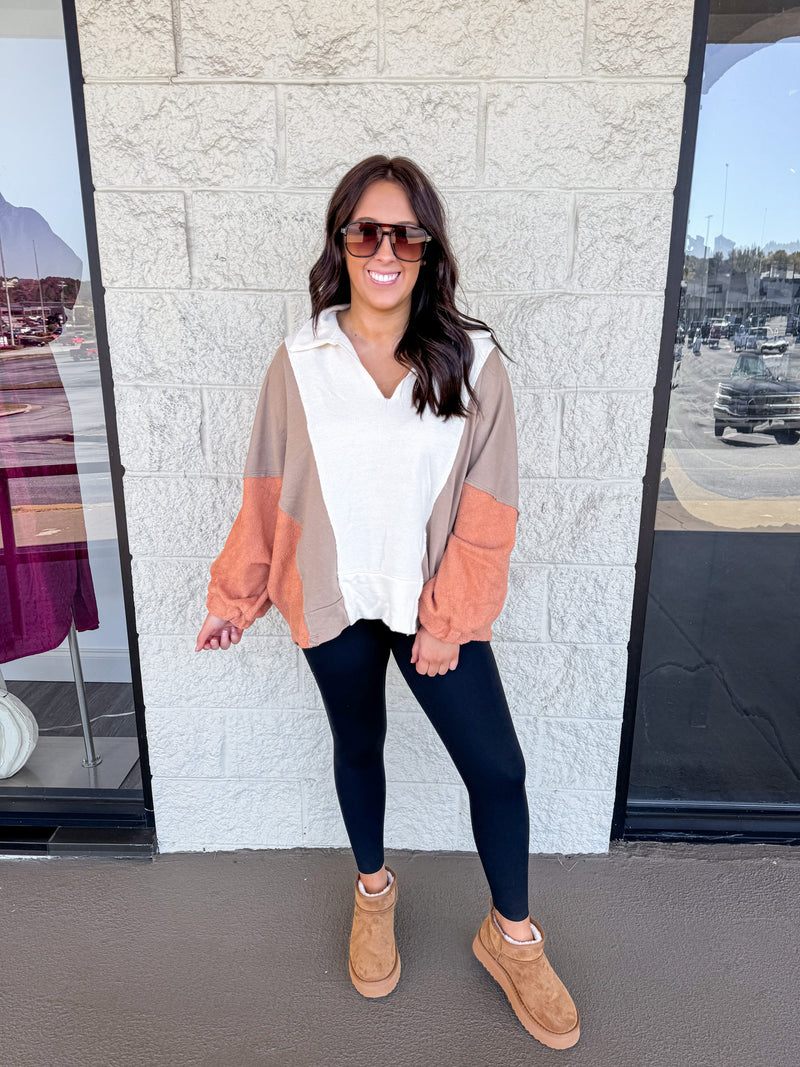 taupe rust color block pullover