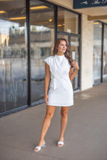 white mock neck wrap mini dress