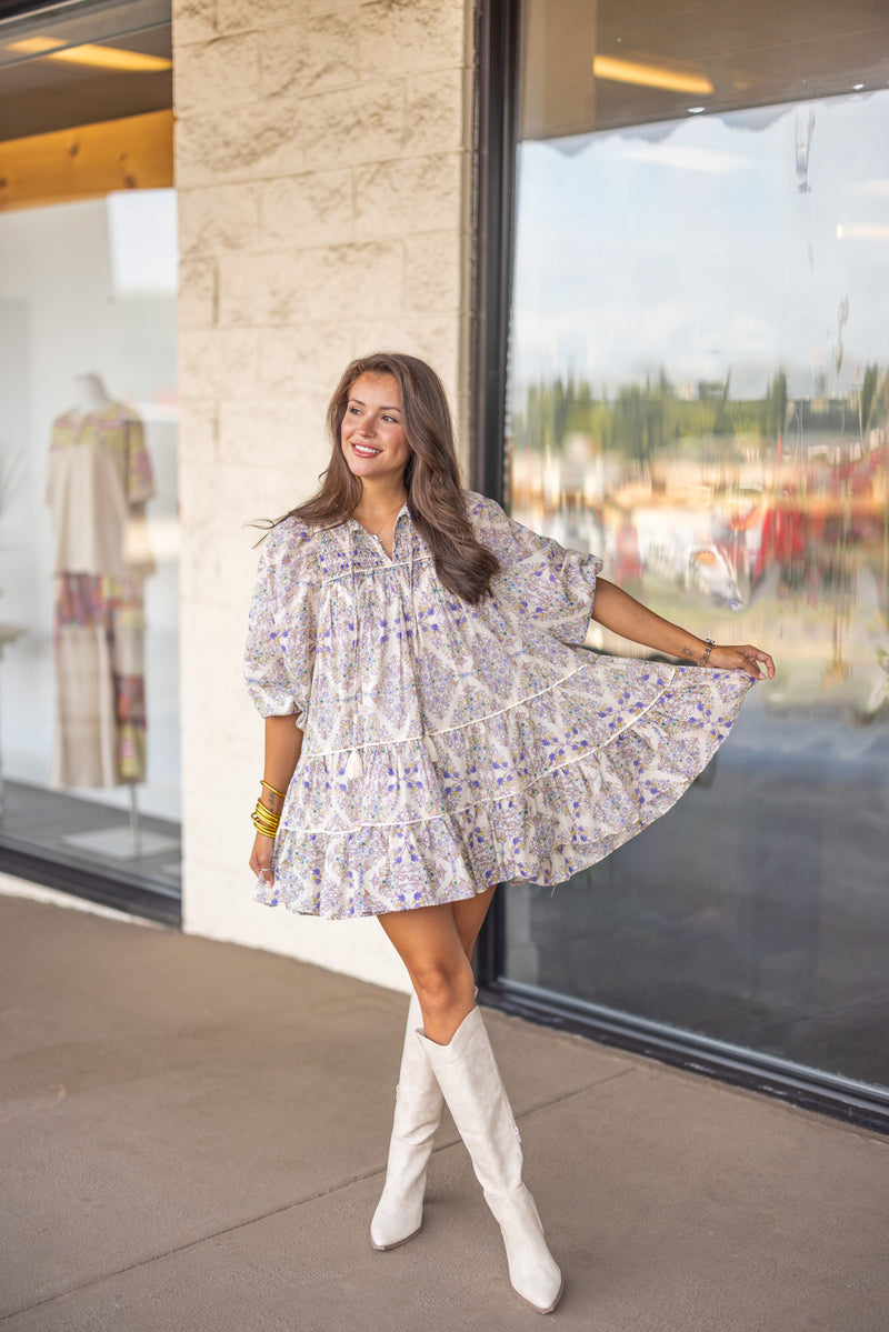 fall lavender paisley babydoll dress