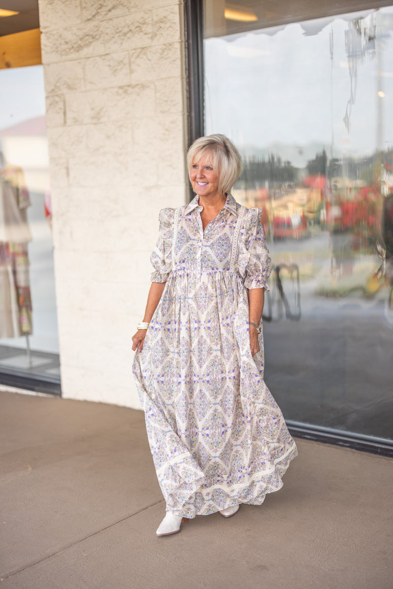 fall lavender paisley maxi dress