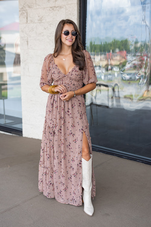 brown sheer overlay side slit maxi dress