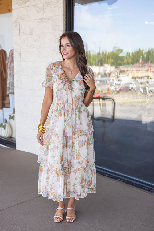 vintage cream fall floral tiered midi dress