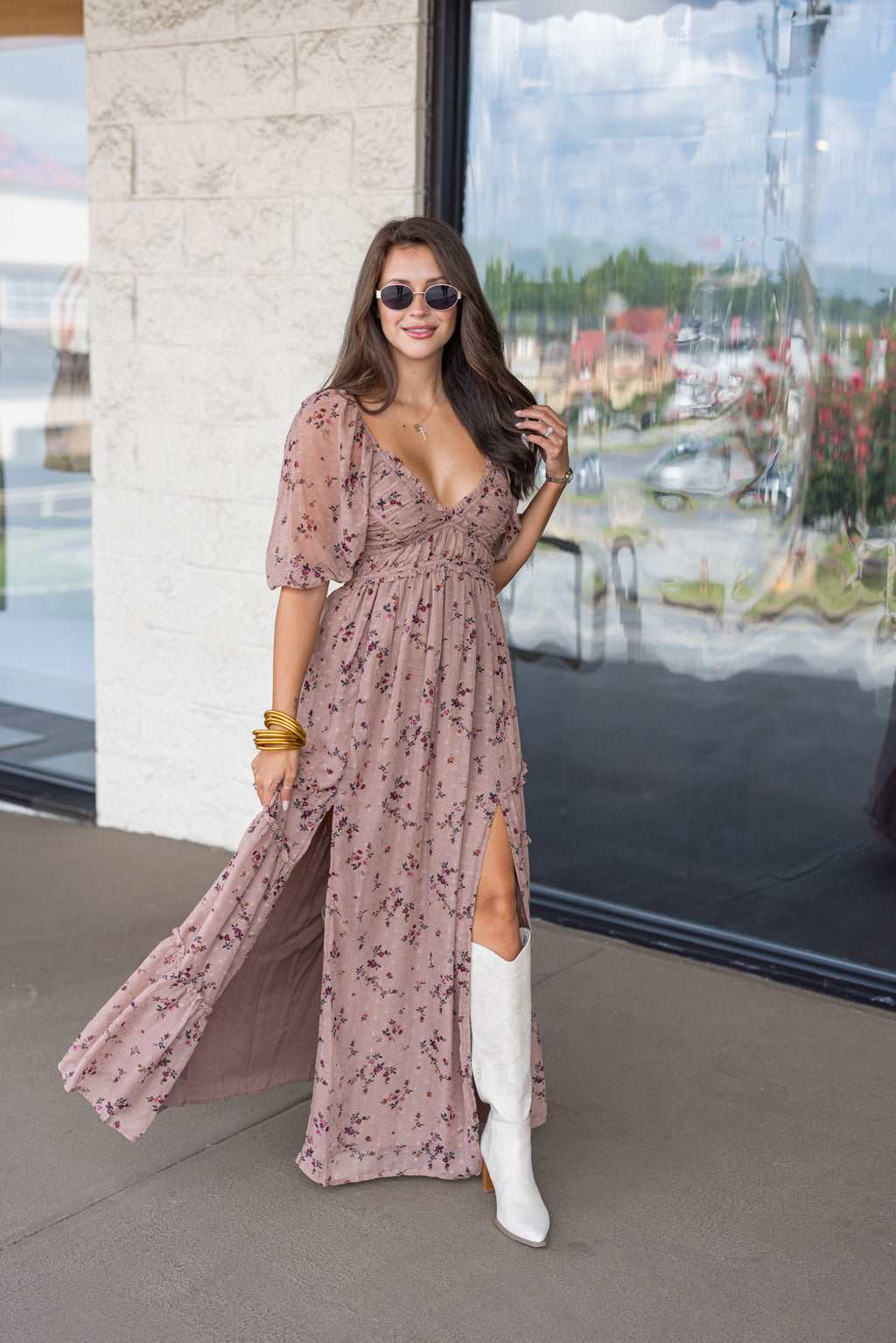 brown sheer overlay side slit maxi dress