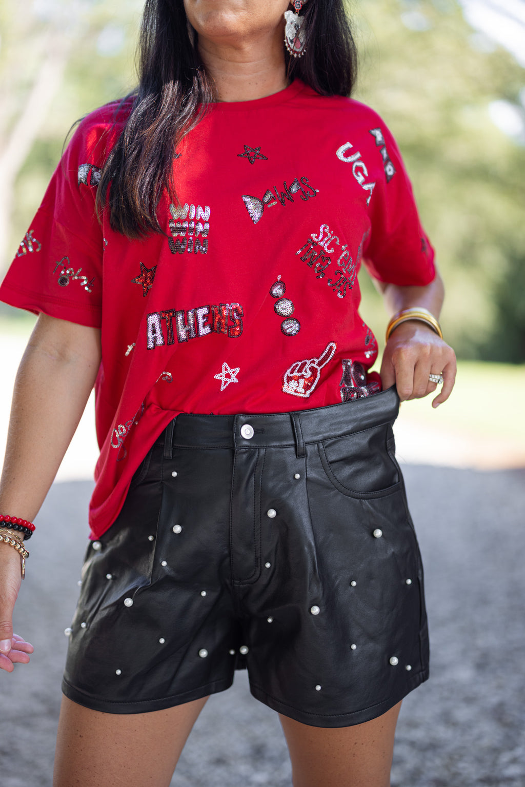 black faux leather pearl embellished shorts