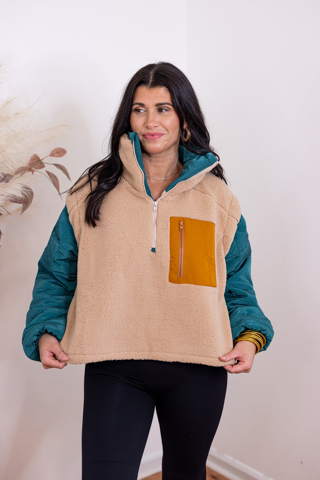 tan fleece sherpa quarter zip pullover