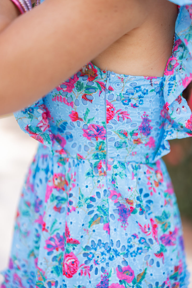 floral eyelet embroidered blue dress