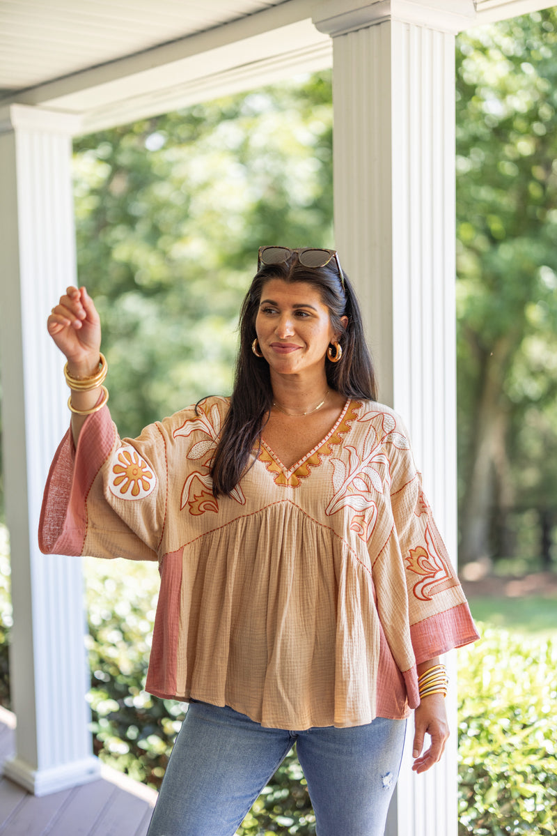 mustard rust embroidered boho fall top