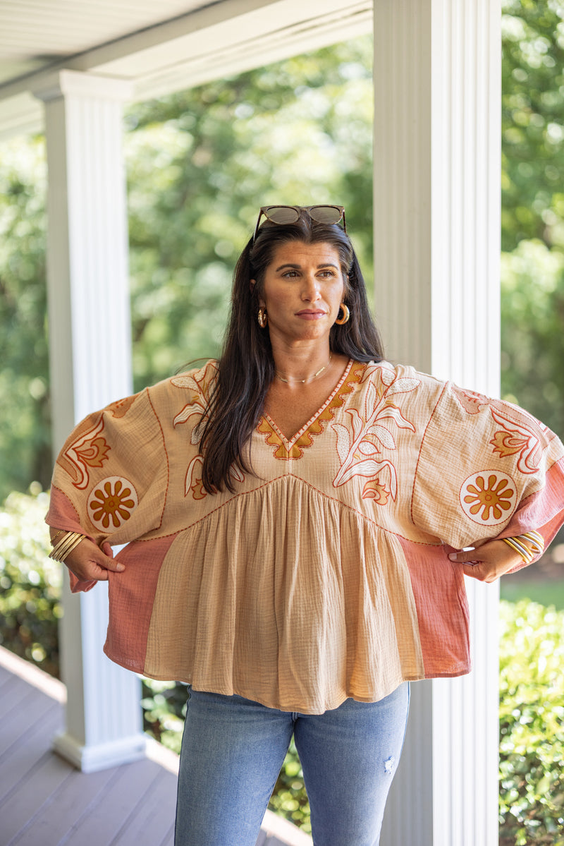 mustard rust embroidered boho fall top