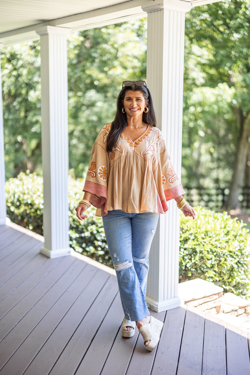 mustard rust embroidered boho fall top