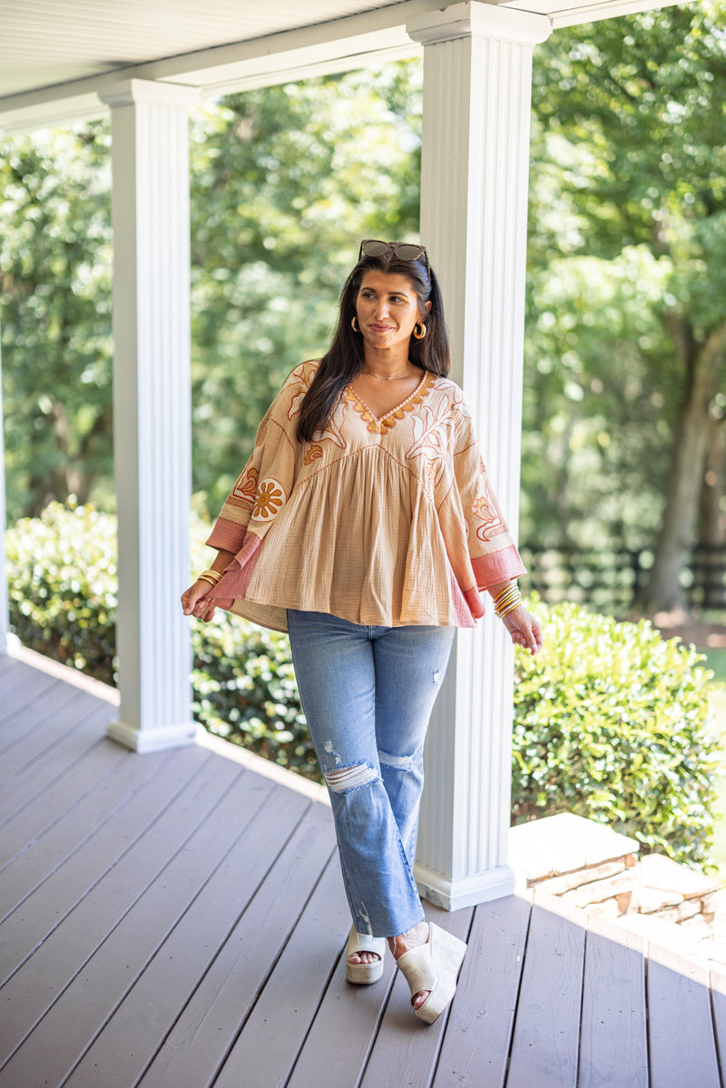 mustard rust embroidered boho fall top