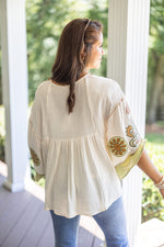 olive embroidered boho fall top