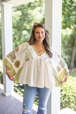 olive embroidered boho fall top