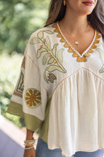 olive embroidered boho fall top