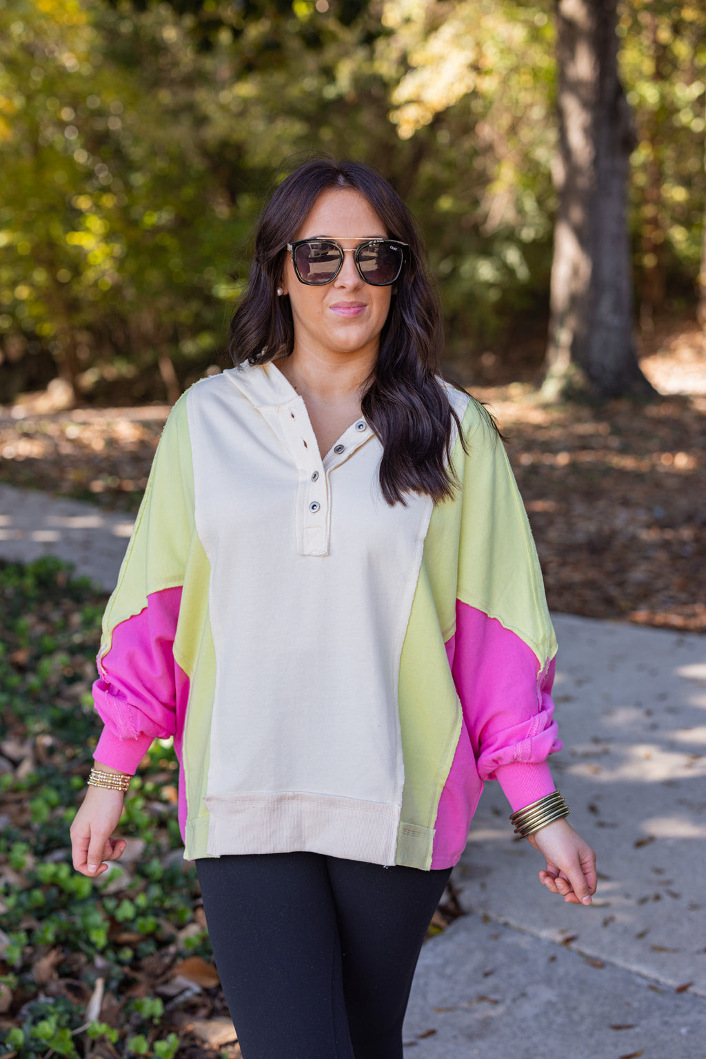 pink lime green color block pullover