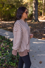 brown ivory striped hooded pullover